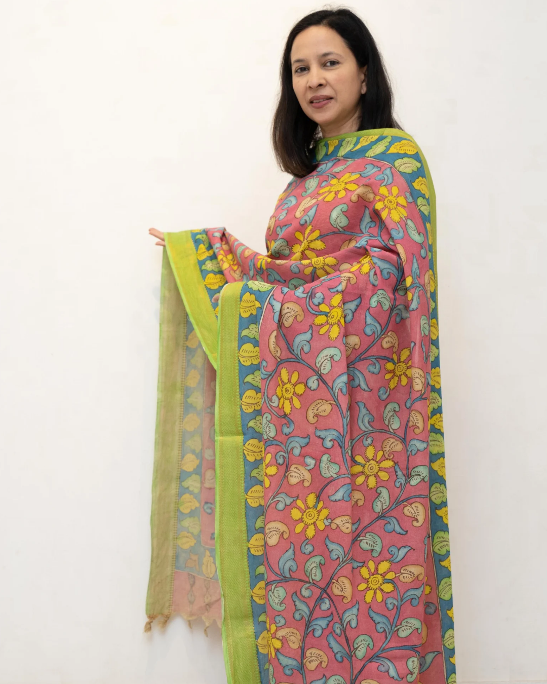 Pink 4 Pen Kalamkari Silk Dupatta