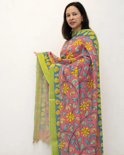 Pink 4 Pen Kalamkari Silk Dupatta