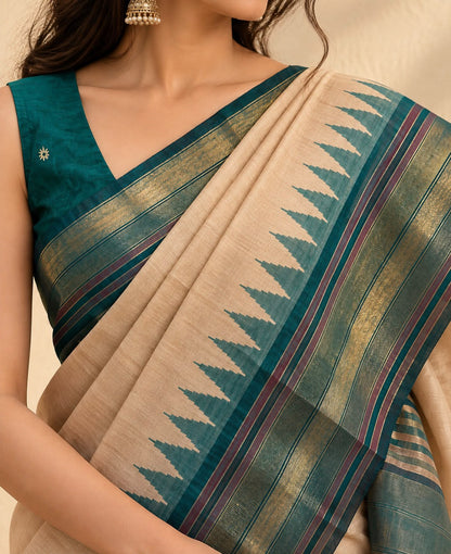 Beige Rama Blue Temple Border Chattisgarh Tussar Silk Saree