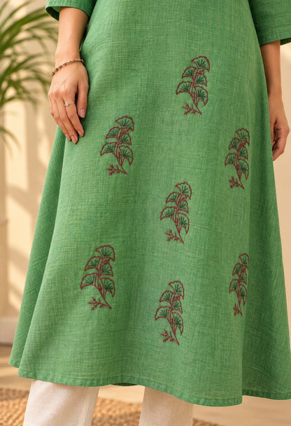 Green Embroidery Cotton Kurta