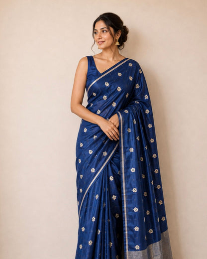 Navy Blue Chanderi Silk Saree