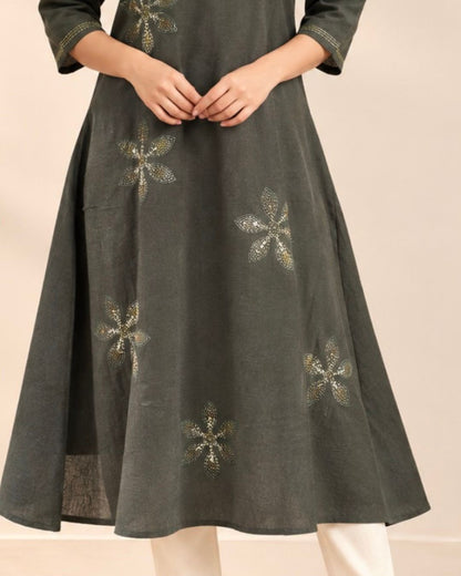 Olive Green Floral Kanta Porgai Embroidery A-Line Cotton Dress
