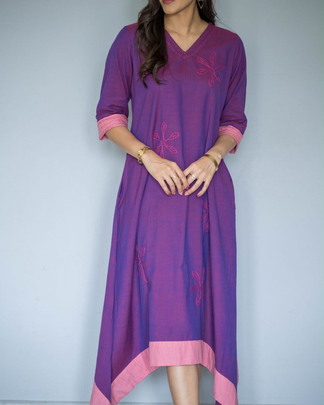 Purple Pink Embroidered V Neck Asymetrical Dress