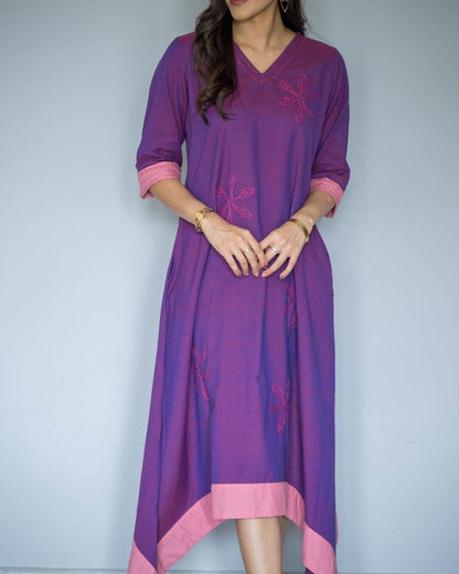 Purple Pink Embroidered V Neck Asymetrical Dress