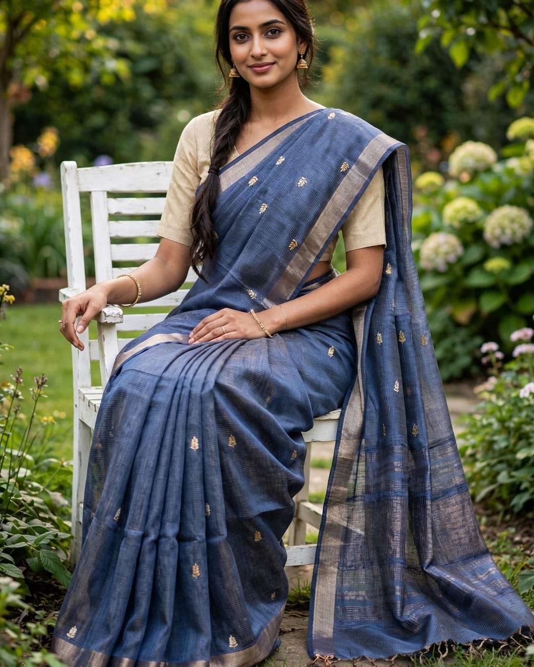 Blue Gold Zari Emboridery Tussar Silk Saree