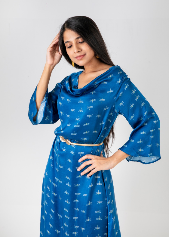 Blue Dragonfly Cowl Modal Silk Dress