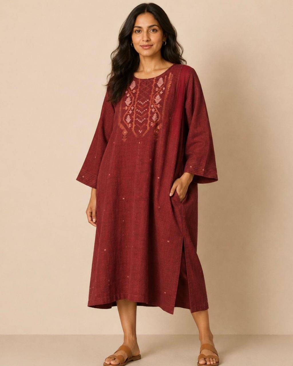 Maroon Bell Sleeves Jamdani Cotton Dress