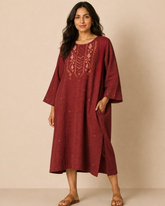 Maroon Bell Sleeves Jamdani Cotton Dress