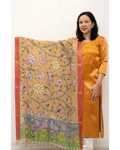 Beige 3 Pen Kalamkari Silk Dupatta