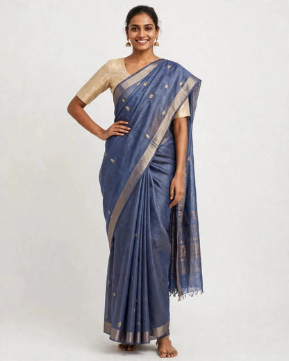 Blue Gold Zari Emboridery Tussar Silk Saree