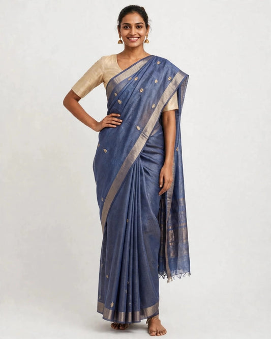 Blue Gold Zari Emboridery Tussar Silk Saree