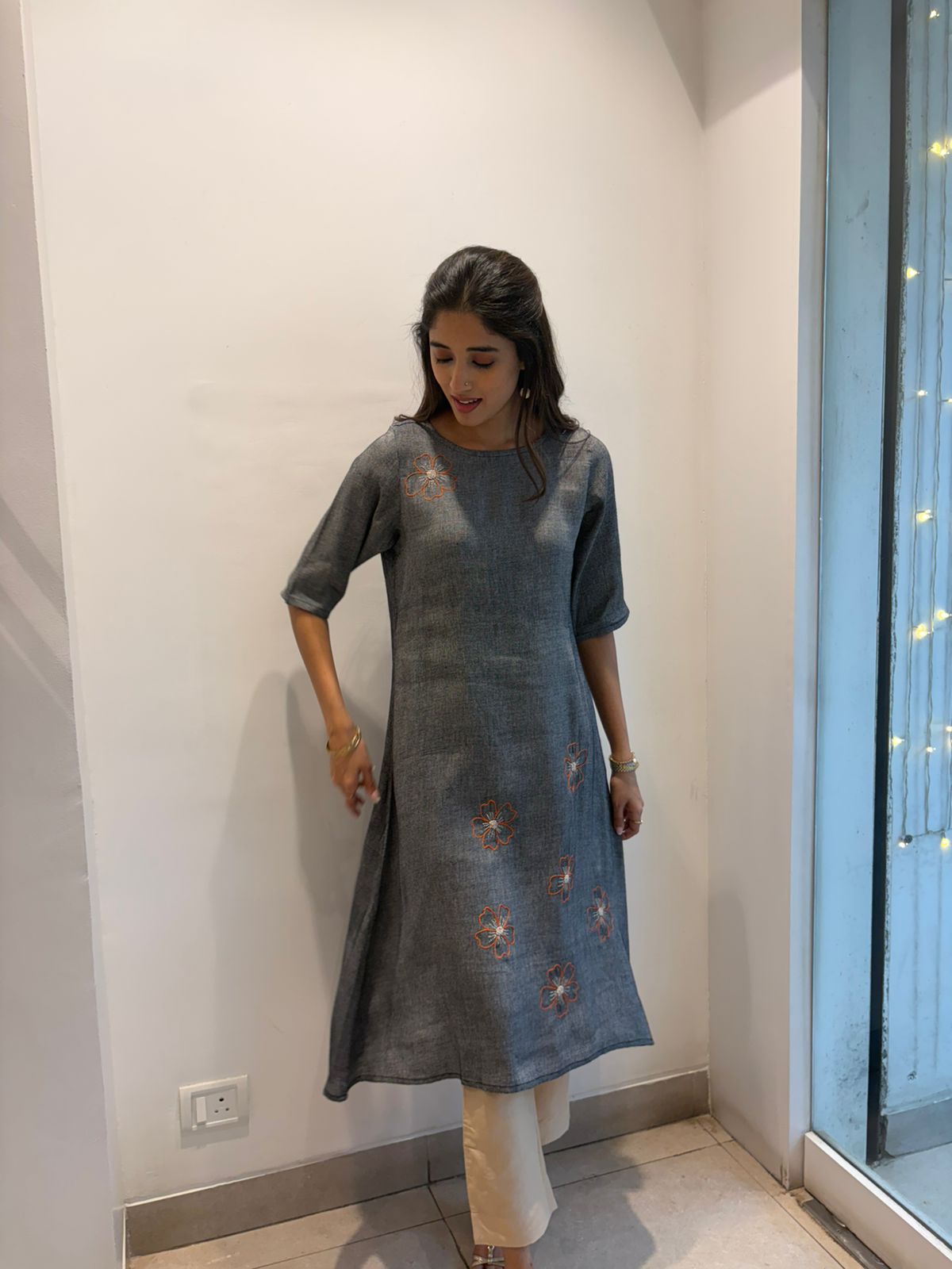 Grey Flower Embroidery Cotton Dress