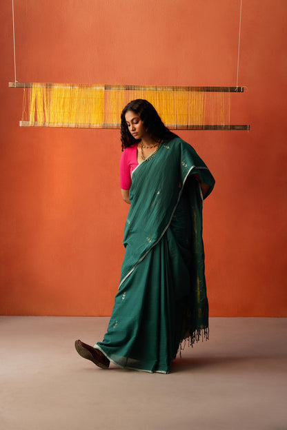 Green Silver Gold Jamdani Cotton Saree