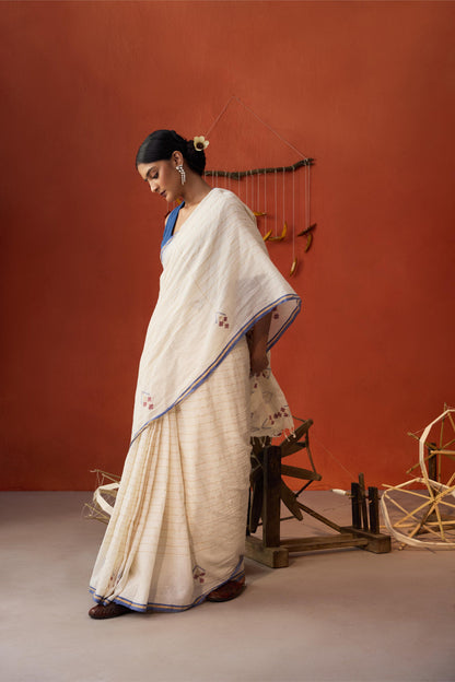 OffWhite Zari Striped Jamdani Cotton Saree