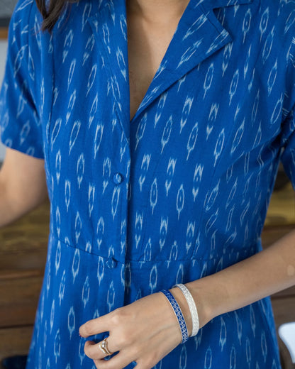 Blue Ikat Cotton Shirt Dress
