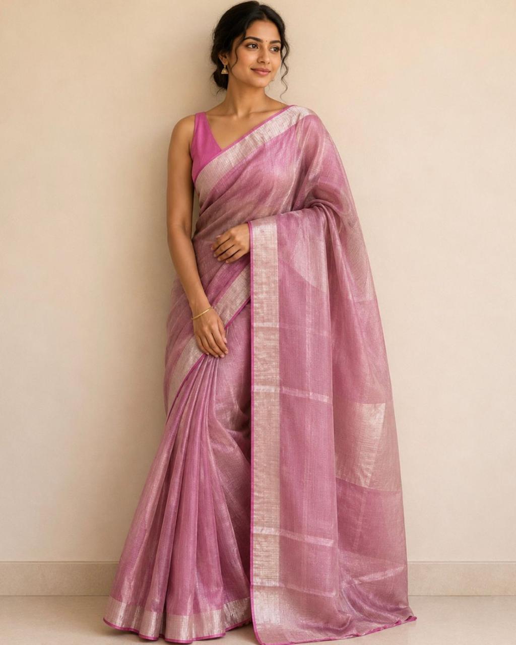 Pink Silver Tissue Border Tussar Silk Saree