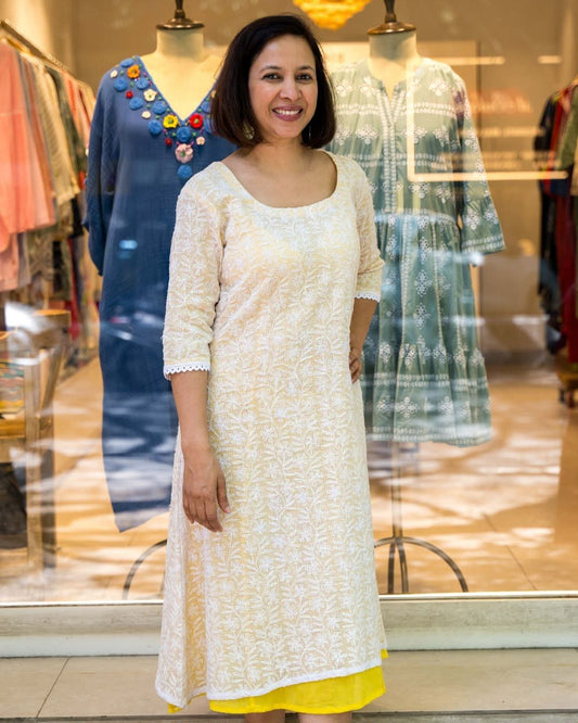 Yellow Chikankari Double Layer Dress