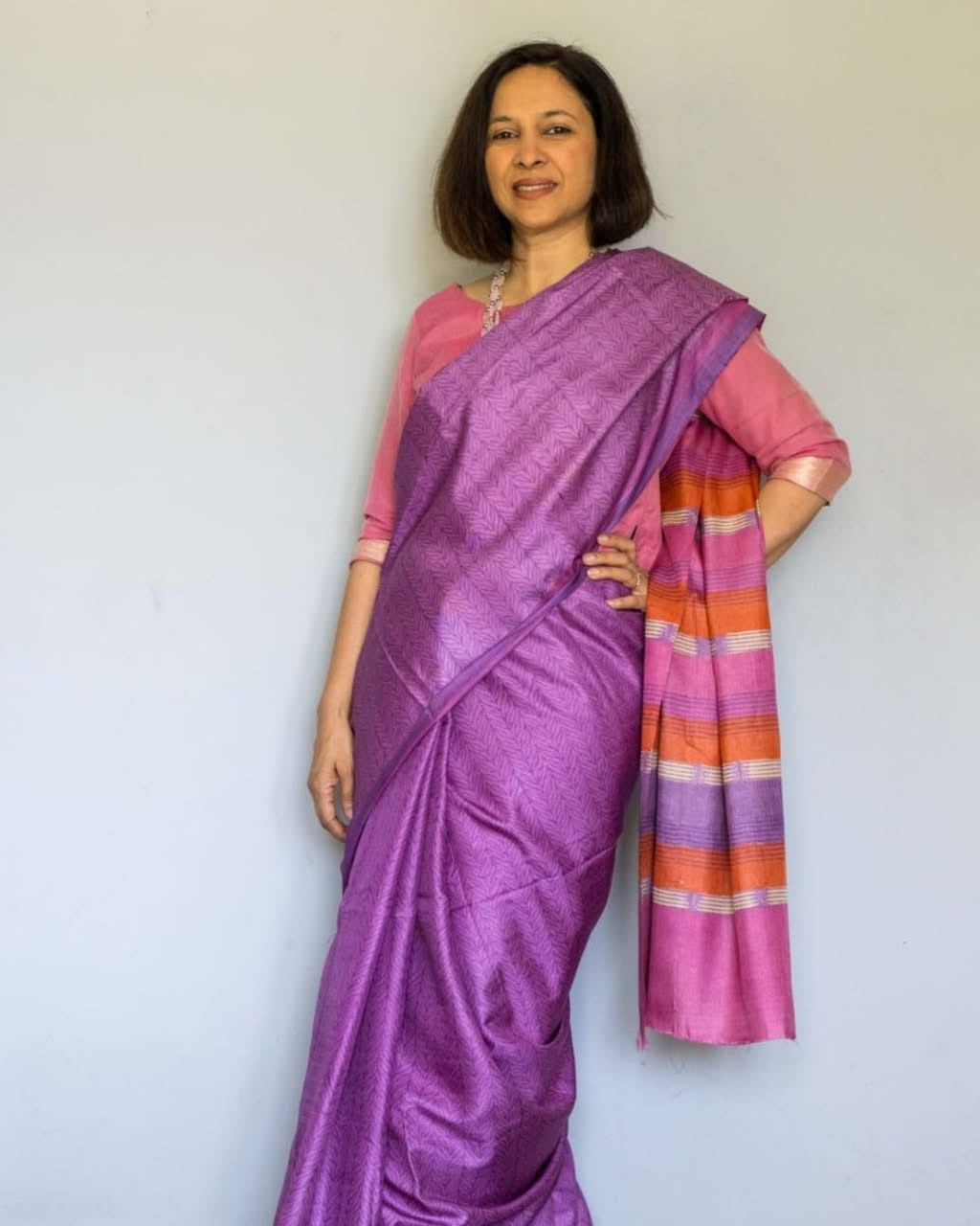 Purple Printed Tussar Silk