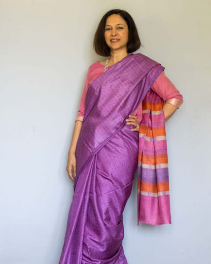 Purple Printed Tussar Silk