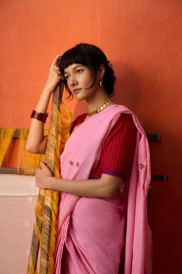 Pink Jamdani Zari Lines Cotton Saree