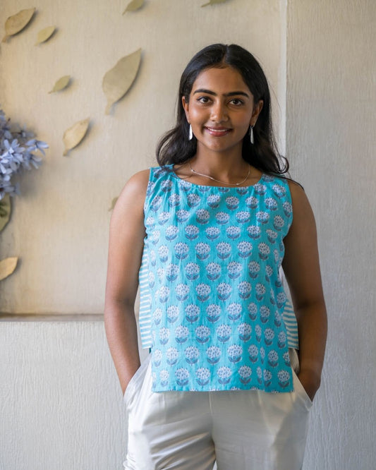 Blue Printed Sleeveless Cotton Top