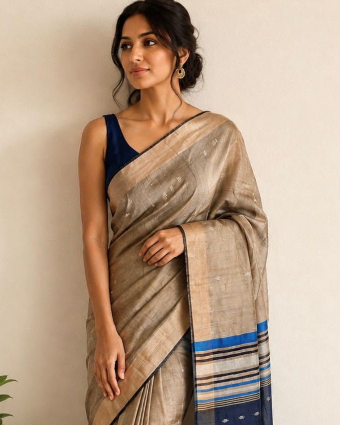 Beige Bhagalpur Tussar Silk Saree - samasta.in #