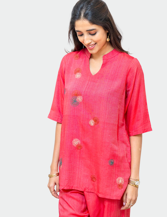 Red Porgai Embroidery Tussar Cotton Tunic