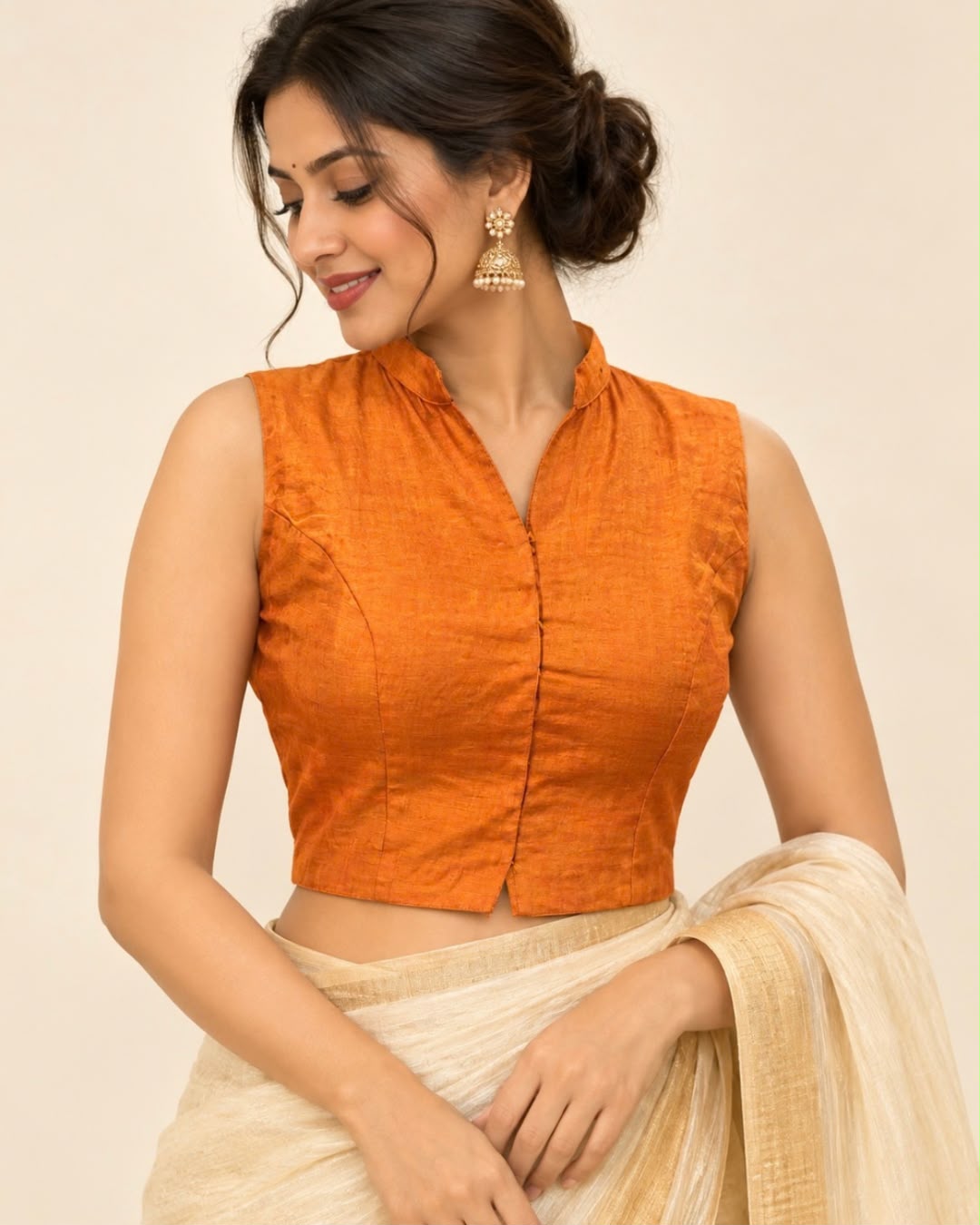 Mustard Chinese Collar SP Cut Tissue Cotton Blouse