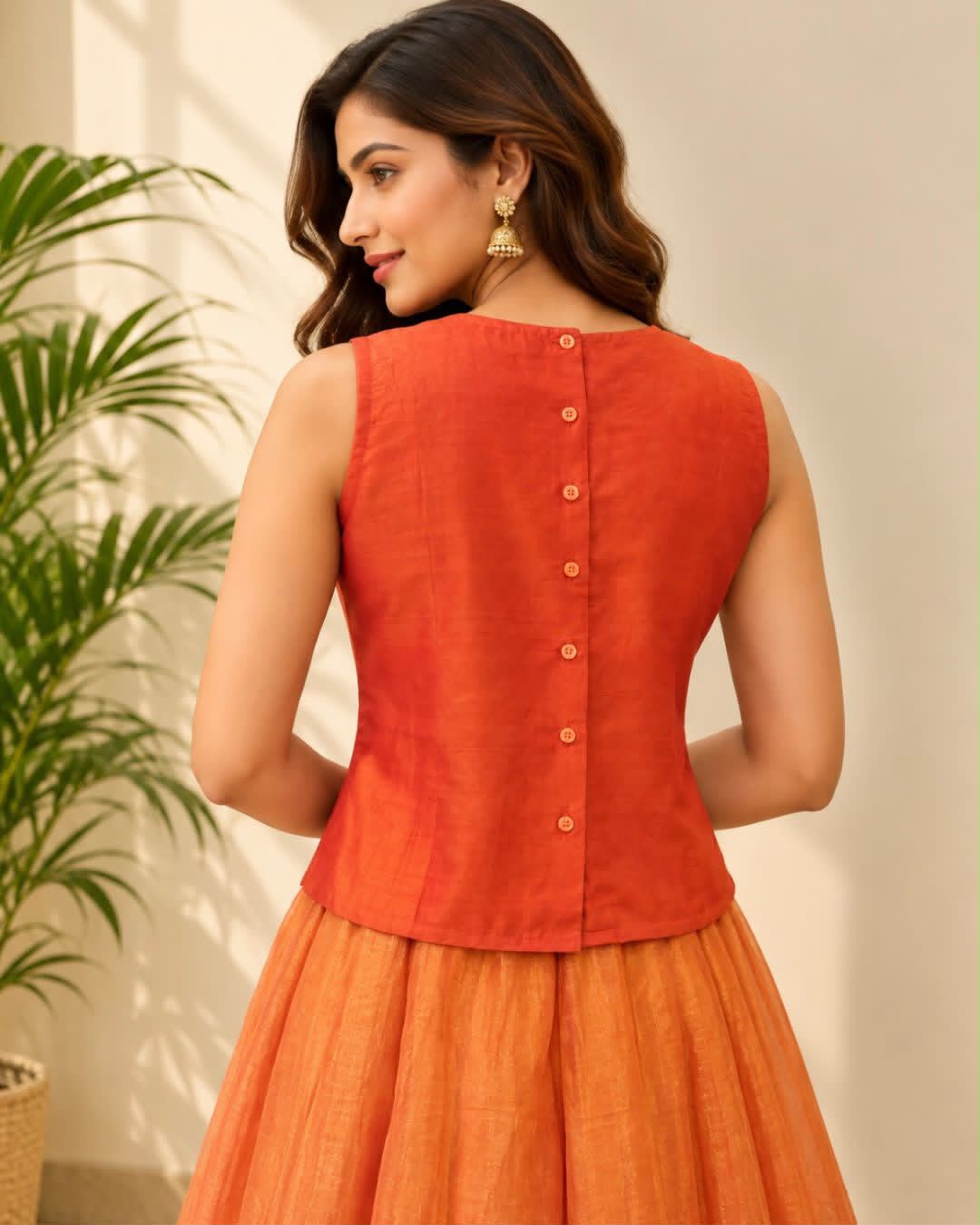 Orange Round Neck Sleeveless Maheswari Silk Cotton Blouse