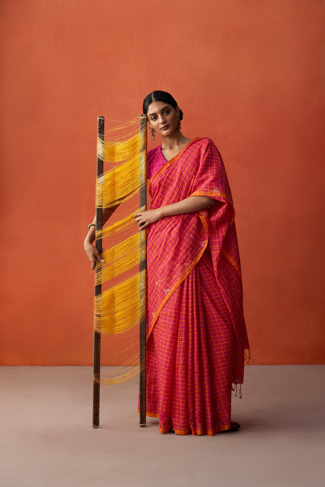 Pink Orange Checks Jamdani Cotton Saree