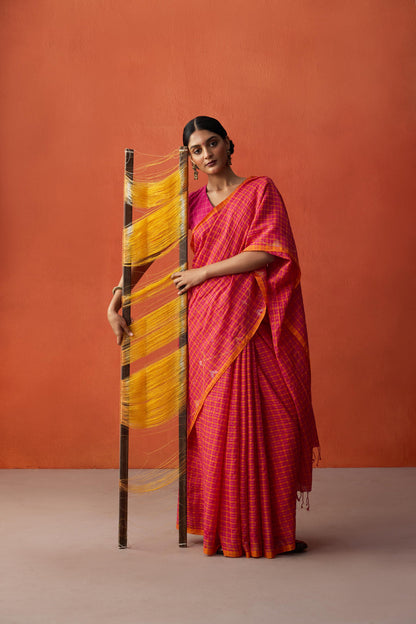 Pink Orange Checks Jamdani Cotton Saree