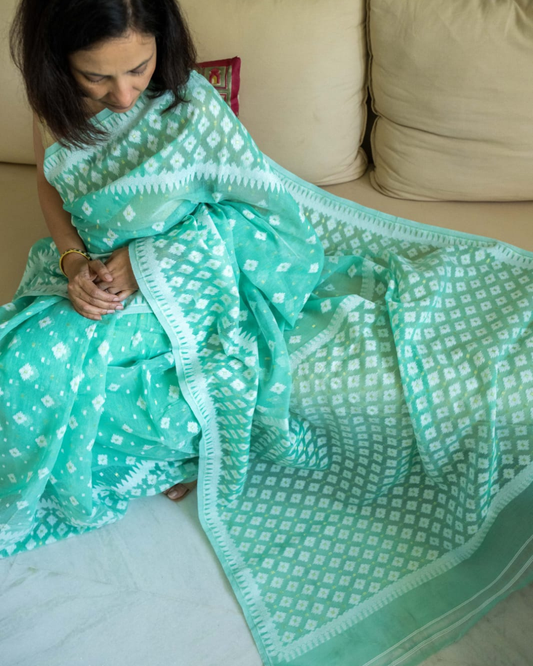 Mint Green Jamdani Fulia Daccai Muslin Saree