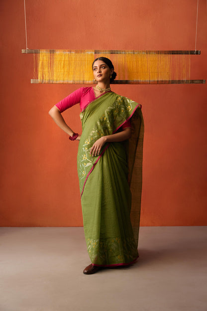 Green Jamdani Zari Lines Cotton Saree