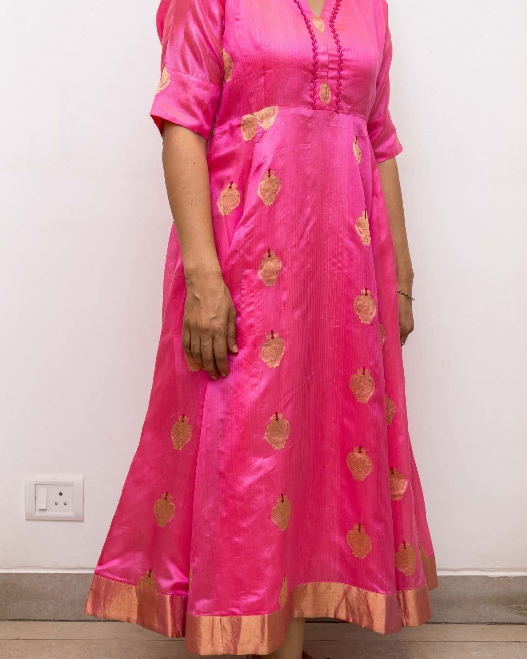 Pink Chanderi Gold Tissue Border Dress