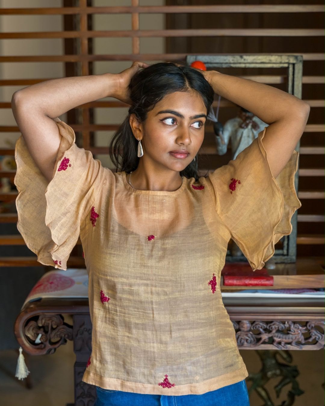 Gold Cotton Tissue Maroon Embroidery Petal Sleeves Top with Slip