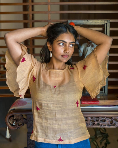 Gold Cotton Tissue Maroon Embroidery Petal Sleeves Top with Slip