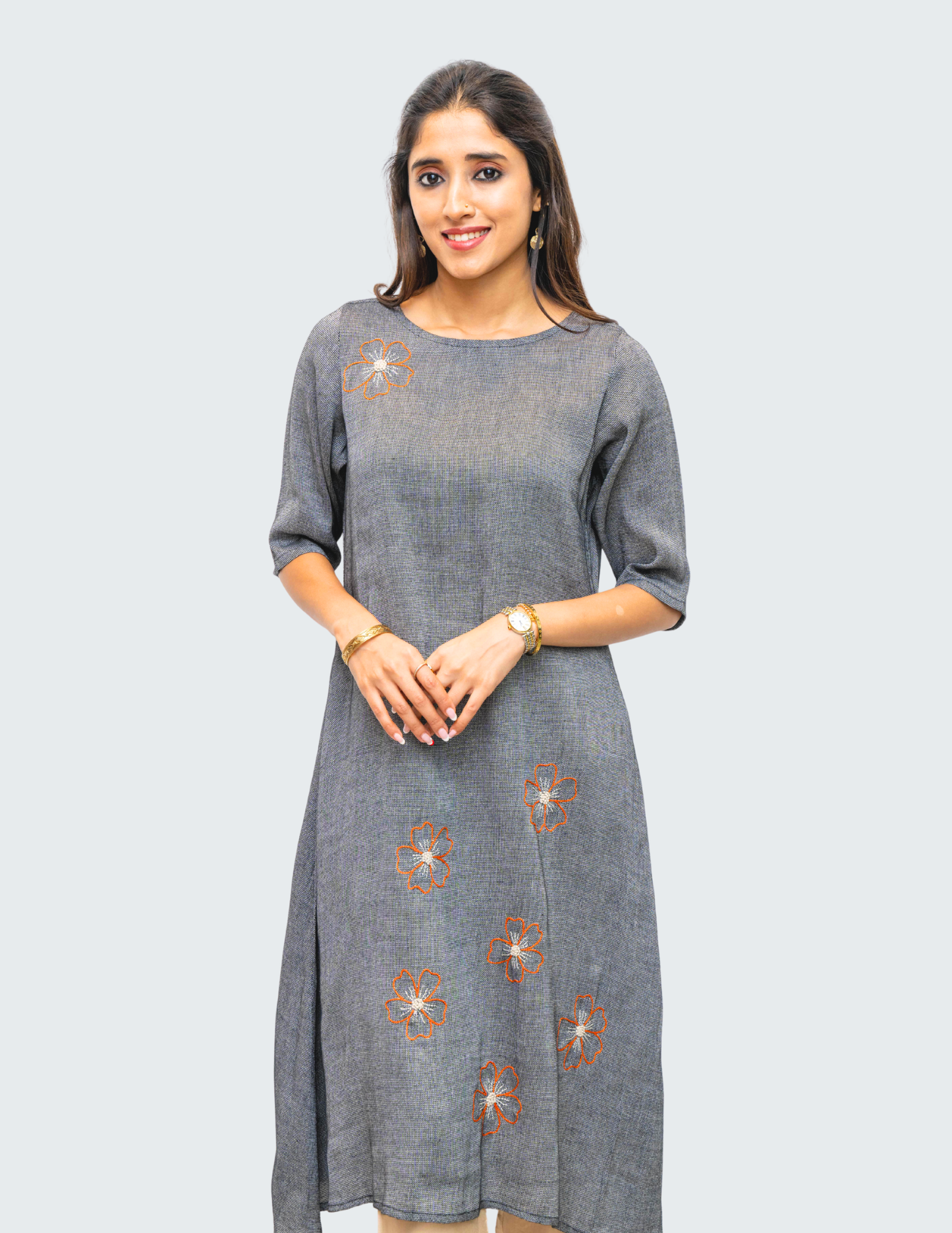 Grey Flower Embroidery Cotton Dress