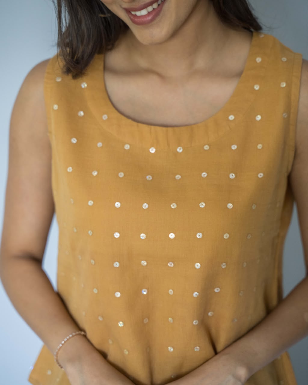 Yellow Sequins Sleeveless Cotton Top
