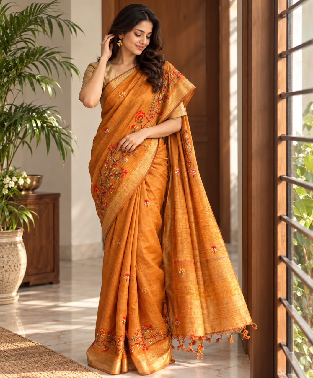 Mustard Yellow French knot Emboridery Mulberry Silk Saree
