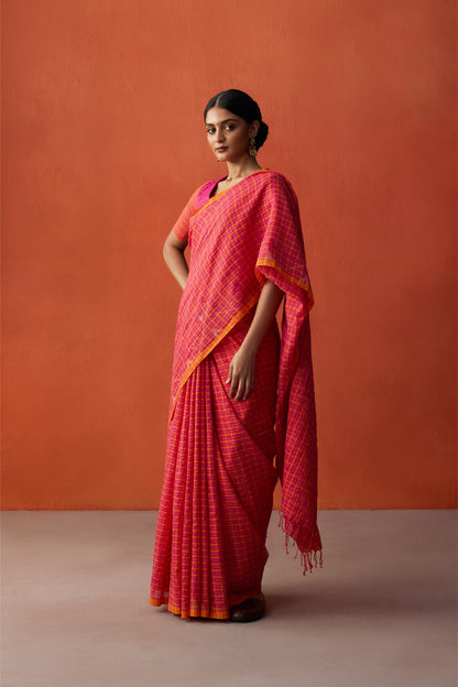 Pink Orange Checks Jamdani Cotton Saree