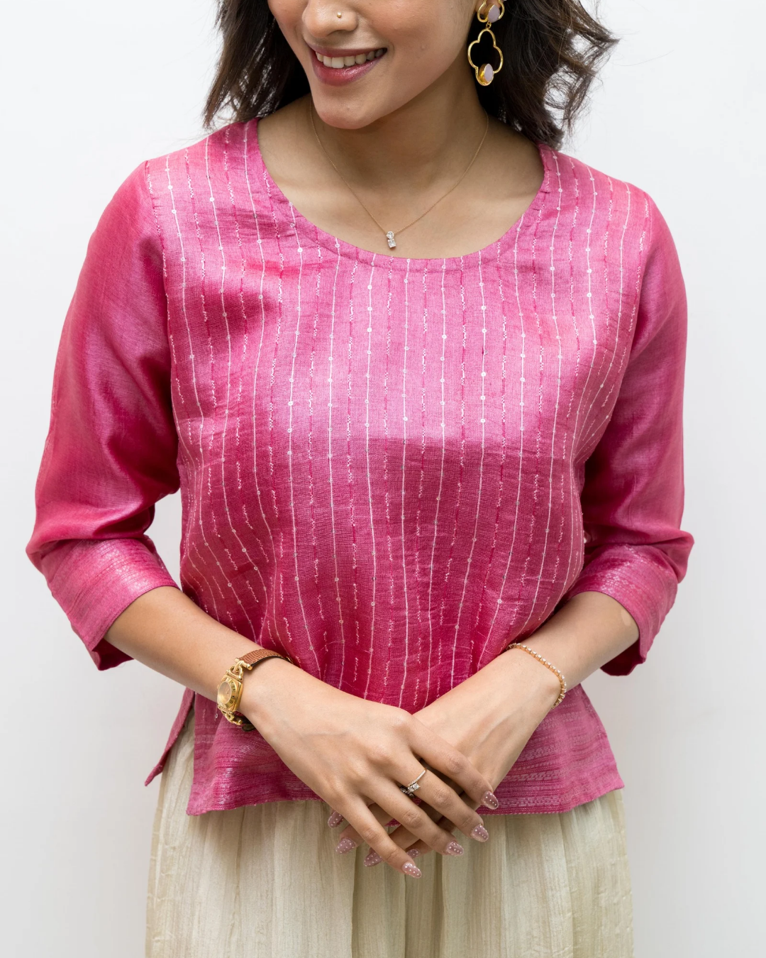 Pink Woven Seq Tussar Silk Blouse