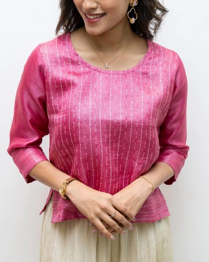 Pink Woven Seq Tussar Silk Blouse