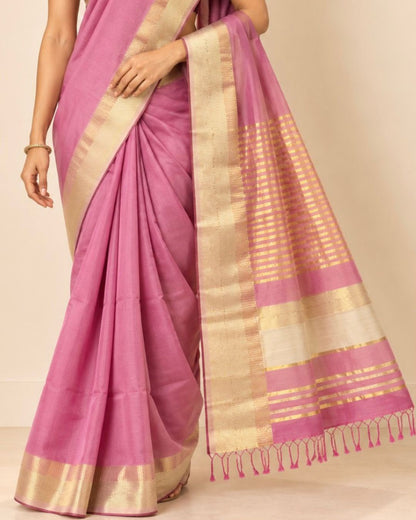 Pink Gold Zari Border and Striped Pallu with Tassels Maheshwari Silk Cotton Saree