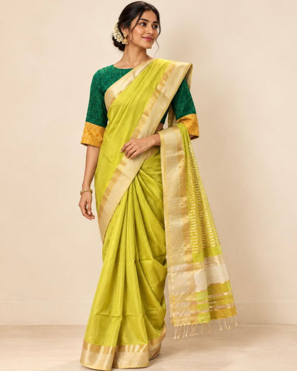 Green Gold Zari Border and Striped Pallu with Tassels Maheshwari Silk Cotton Saree