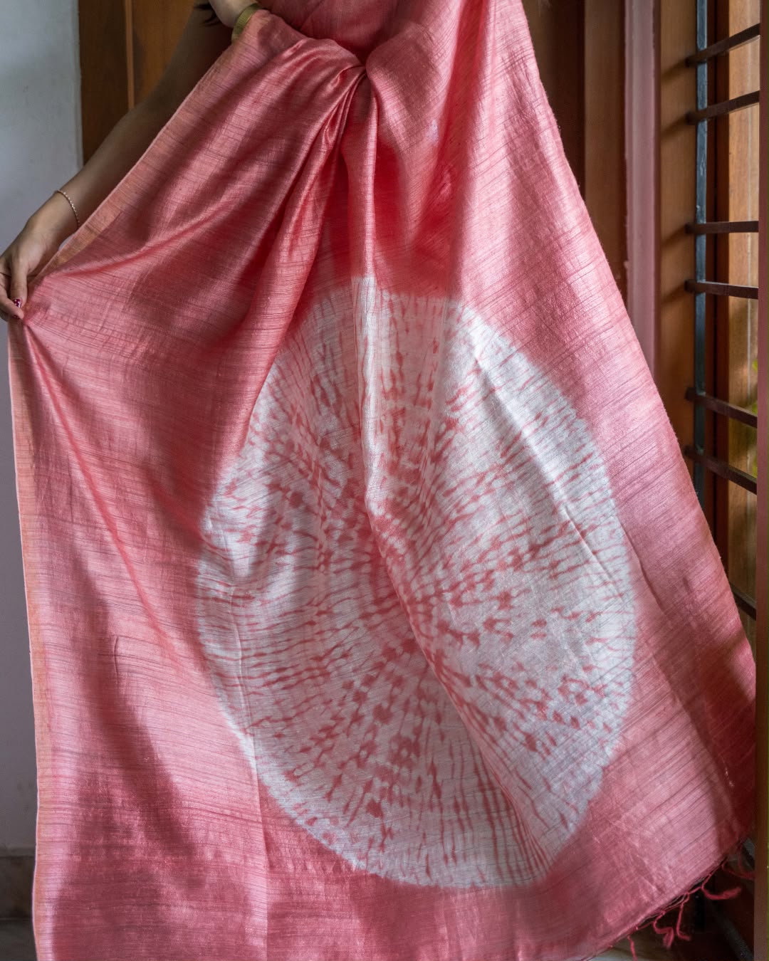 Peach Madka Silk Shibori Tie Dye Saree
