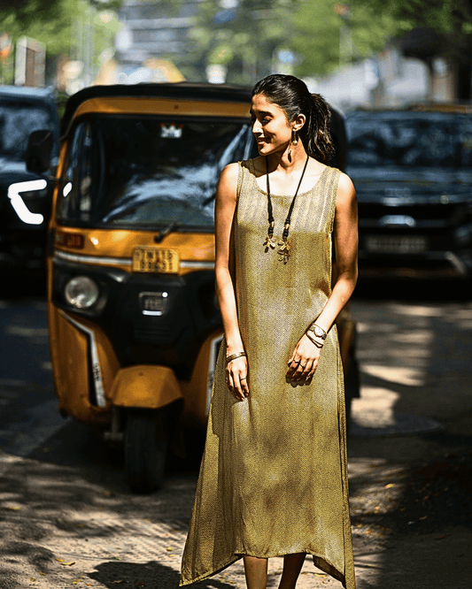 Yellow Black Zigzag Printed Sleeveless Modal Silk dress