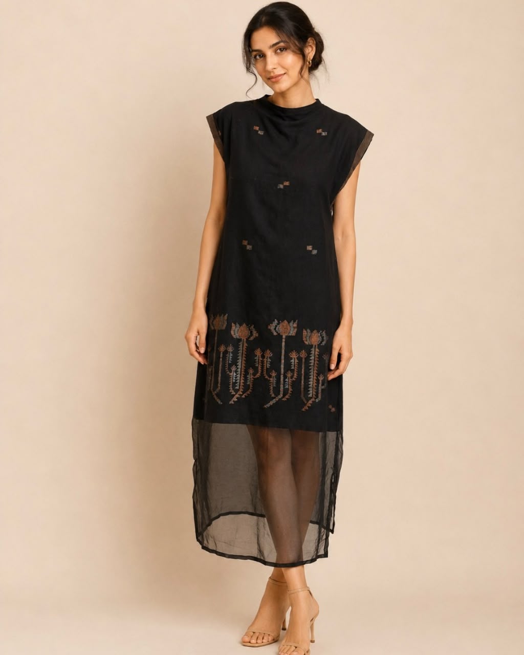 Black High Neck Lotus Jamdani Cotton Dress