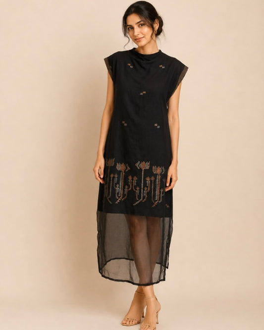 Black High Neck Lotus Jamdani Cotton Dress