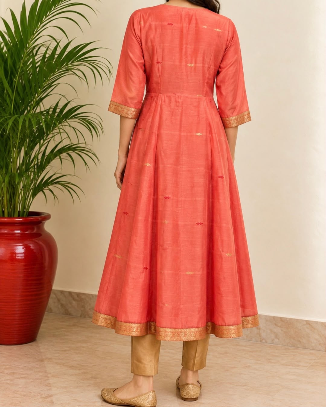 Peach V Neck Maheswari Silk Cotton Dress