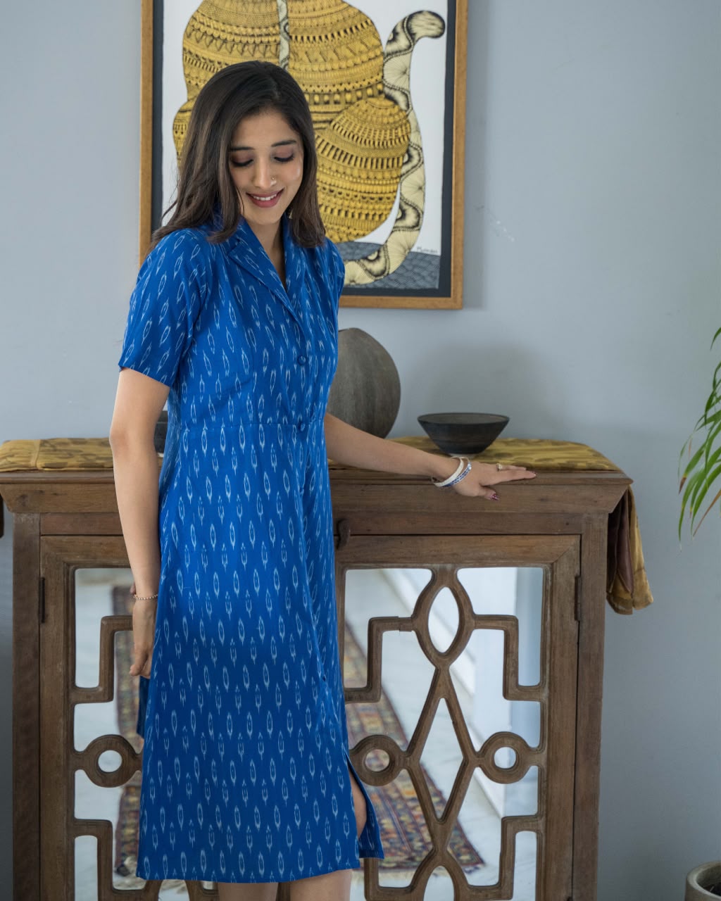 Blue Ikat Cotton Shirt Dress